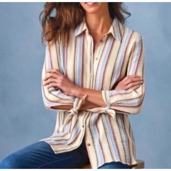 Soft Surroundings Slub Cotton Gauze Stripe Button Down Shirt Beachy size Large - Picture 2 of 9